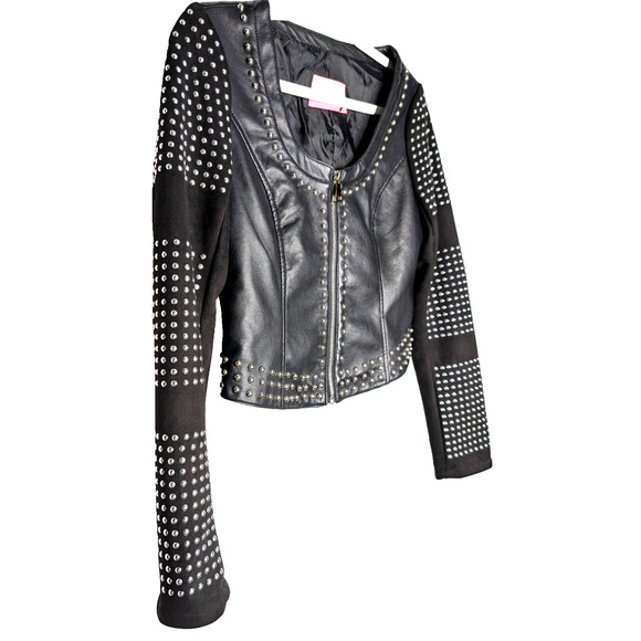 Azalea Wang Black Baddie Silver Studded Cropped Moto Boho Faux Leather Jacket M - Picture 3 of 9